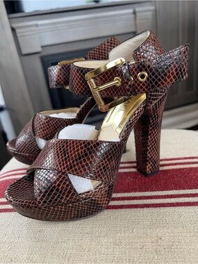 Michael Kors Brown Snake-Print Platform Heels with Gold Buckle